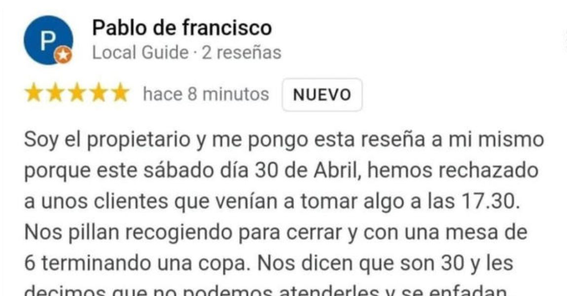 El dueño de un restaurante triunfa en redes tras ponerse una reseña a sí mismo: “Ya no me vale la frase de que el cliente siempre tiene la razón”
