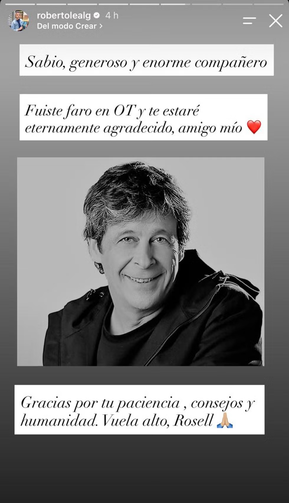 Mensaje de despedida de Roberto Leal a Jordi Rosell